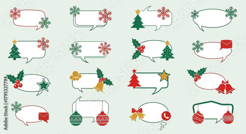 A festive collection of Christmas speech bubbles and holiday message frames decorated with winter icons for seasonal greetings