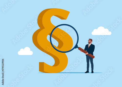 Justice. Advocate hand looking paragraph sign with magnifying glass. Vector flat illustration