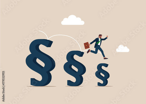 Businessman jumping from big to the small symbols of paragraph. Support is falling and decreasing.  Lawyer and advocate services. Flat vector illustration. 
