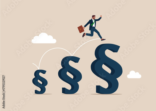 Businessman jumping from small to the big symbols of paragraph. Support is growing and increasing. Lawyer and advocate services. Flat vector illustration. 