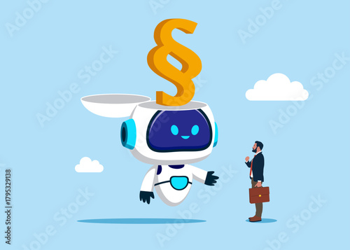 Open robot head to see symbol of paragraph. Protecting workers' rights when dismissed from work. Artificial intelligence. Flat vector illustration