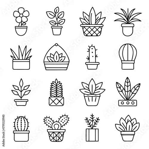 Collection of sixteen outline drawings of various potted plants and cacti in different container styles