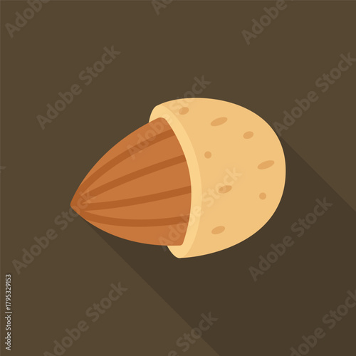 Almond nut emerging from shell on dark brown background