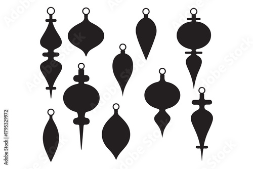 This is a black and white illustration of a collection of Christmas ornaments in various shapes and sizes. They are all silhouetted against a white background and appear to be hanging from loops 