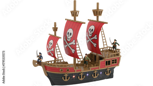 A detailed toy pirate ship model with red sails featuring white skull and crossbones symbols (3)_traced