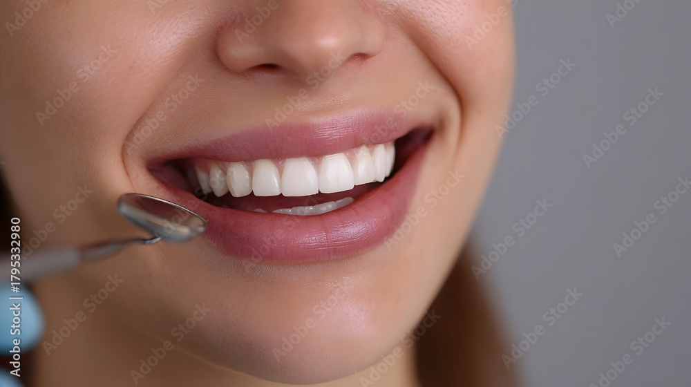 Fototapeta premium A close up of a woman s perfect white smile being examined by a dental mirror