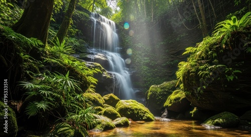 Sunlit Waterfall in Lush Tropical Rainforest with Mossy Rocks and Green Foliage