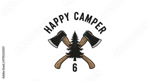 Rustic camping logo with crossed axes and a pine tree. Vintage vector emblem for outdoor adventure, hiking, and lumberjack lifestyle