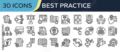 Collection of Best Practice icons, related to Quality Standard, Workflow, Performance Metric, Skill Transfer, Quality Control and more. Outline icons vector illustation.