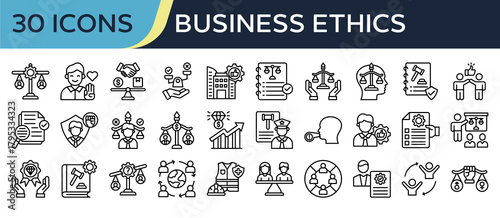 Collection of Business Ethics icons, related to Ethical Practice, Honest, Fair Trade, Ethical Policy, Human Rights and more. Outline icons vector illustation.