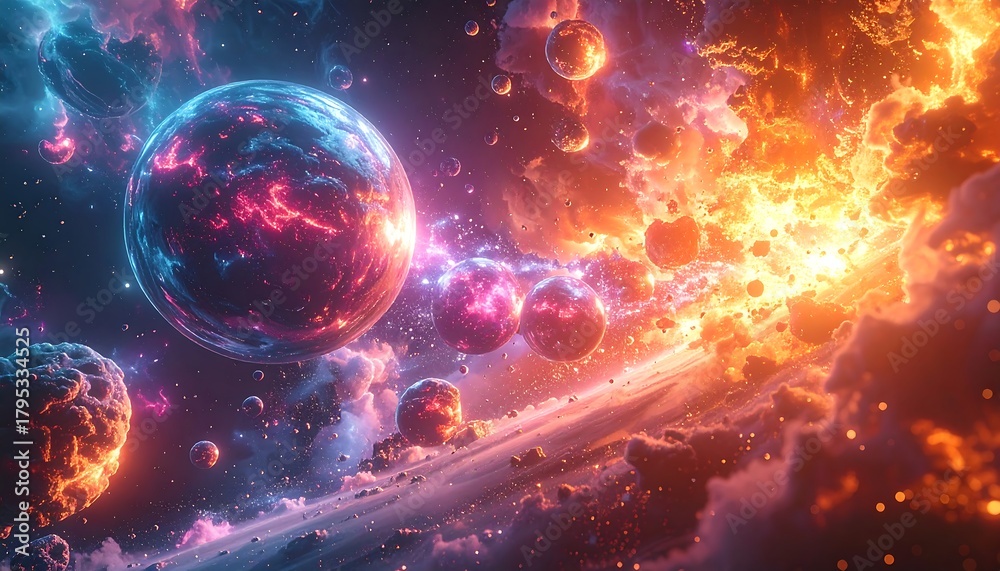Obraz premium Vibrant cosmic scene with planets amid swirling nebulas and asteroids