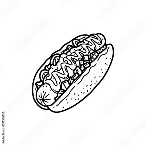 Hand drawn vector hotdog outline with cheese, tomato, sauce, and mayonnaise. Black and white sketch for restaurant branding, menu design, packaging, and vintage or retro food illustrations.
