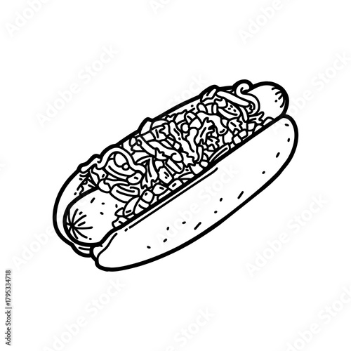 Hand drawn vector hotdog outline with cheese, tomato, sauce, and mayonnaise. Black and white sketch for restaurant branding, menu design, packaging, and vintage or retro food illustrations.