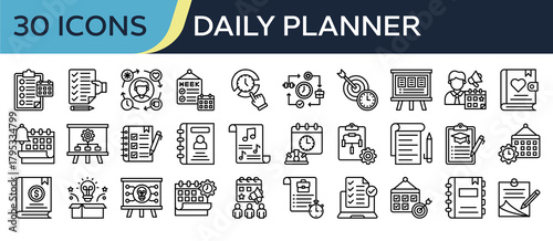 Collection of Daily Planner icons, related to Daily Task, Habits, Morning Routine, Event Planner, Action Plan and more. Outline icons vector illustation.