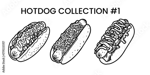 Hand drawn collection vector hotdog outline with cheese, tomato, sauce, and mayonnaise. Black and white sketch for restaurant branding, menu design, packaging, and vintage or retro food illustrations.