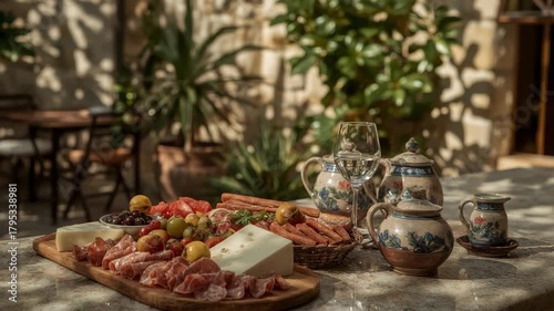 A rustic alfresco feast on a sunny patio. A wooden board overflows with salami, cheese, and olives, set next to an ornate ceramic tea set.