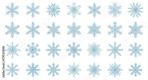 A comprehensive collection of finely detailed blue snowflake vector icons, showcasing diverse geometric and crystal patterns
