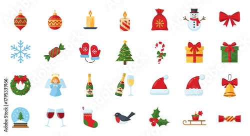 Collection of Christmas icons and festive elements including Santa hat, snowman, gifts, baubles, candy cane, and holly sprig, ideal for seasonal design