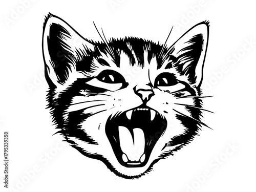 Vector isolated black and white yawning cat head on a transparent background illustration clipart 