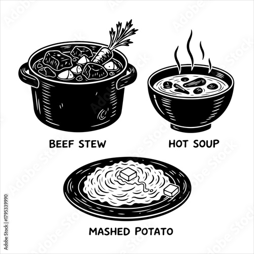A black and white illustration set of classic comfort foods including beef stew, hot soup, and mashed potatoes.