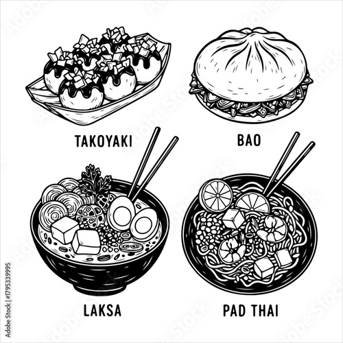 A collection of Asian street food dishes in a black and white hand-drawn illustration style, featuring takoyaki, bao, laksa, and pad thai.