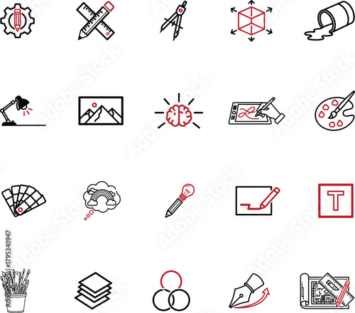 Graphic Design and Creative Process Icon Set Representing Tools and Techniques for Visual Communication and Artistic Expression in Modern Design Workflows