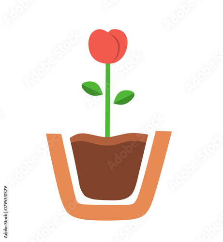 A simple flat illustration of an open-top flower pot with visible soil and a growing red plant, symbolizing growth, development, nurturing, and nature themes for gardening, education, eco projects
