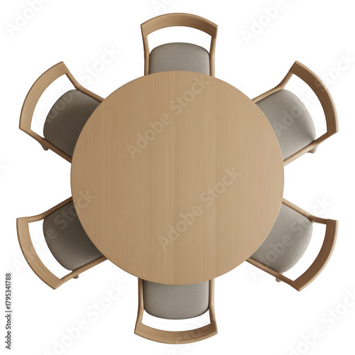 Round dining table with chairs isolated on a transparent background