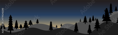 Illustration of a dark forest landscape at dusk with silhouetted pine trees on rolling hills under a gradient sky.