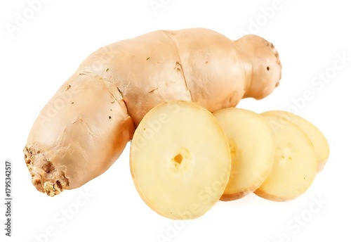 Fresh potato ginger and mushrooms on white background