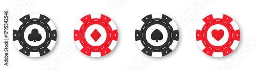 Poker chips and card suits, flat vector illustration