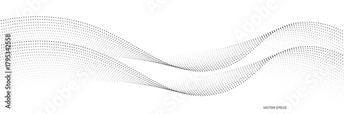 Flowing dots particles wave pattern halftone gradient curve shape isolated on white background. Vector in concept of technology, science, music, modern.