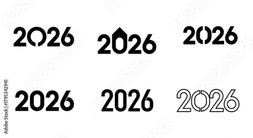 Stylized 2026 year numbers set with creative cutouts and unique negative space designs, vector illustrations for distinctive calendar or brand identity projects