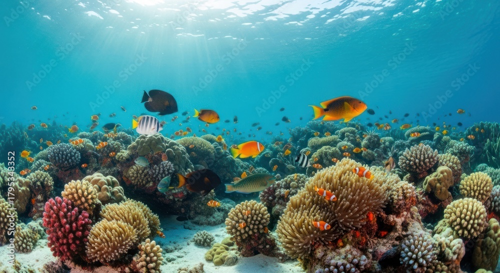 Obraz premium Vibrant Tropical Coral Reef Thriving with Diverse Fish and Sunbeams Underwater