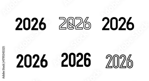 Bold black font 2026 simple isolated numbers on clean white background, contemporary design for calendar covers banners or posters, digital year display