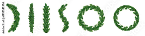 Christmas tree branch, flat vector illustration with pine, holiday font, greenery