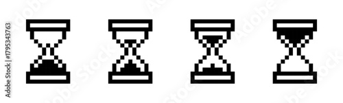 Pixel hourglass, flat vector illustration with timer, countdown icons