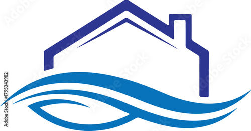 House Roof with Waves. Real estate, waterfront property, and coastal living graphic logo
