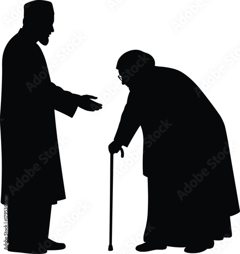Elderly person with cane, caregiver offering help, senior support, compassion, black silhouette, intergenerational care, flat vector illustration