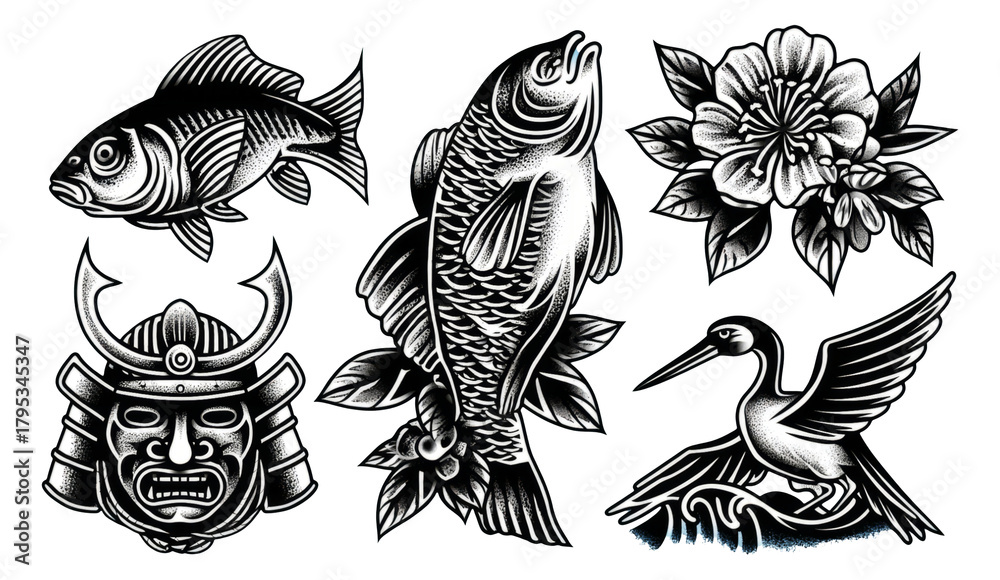 Obraz premium Traditional Japanese Tattoo Designs Featuring Fish, Flowers, and Samurai Elements