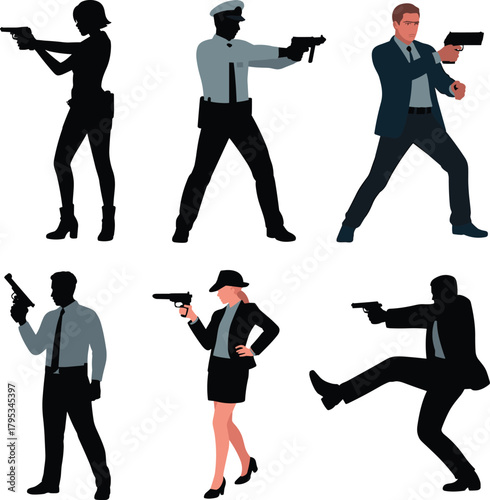 Gun holding silhouette, police officer vector, woman with pistol, secret agent pose, action character icon, flat vector illustration