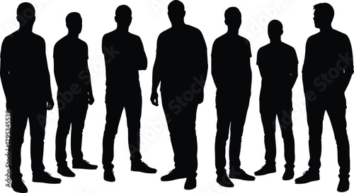 Silhouette of standing men in casual poses, black vector figures, body language, posture study, fashion outline, isolated on white