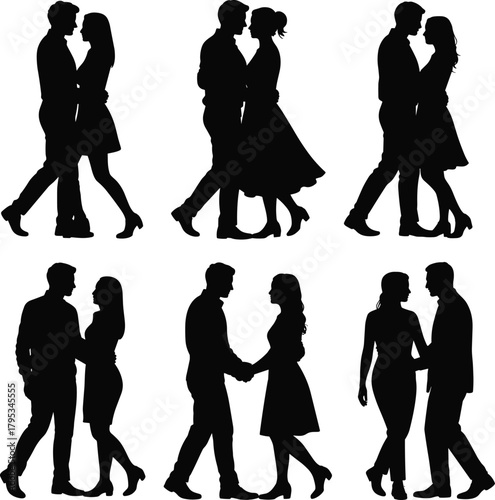 Romantic couple silhouette, love pose vector, intimate standing figures, black man woman icon, relationship gesture art, flat vector illustration