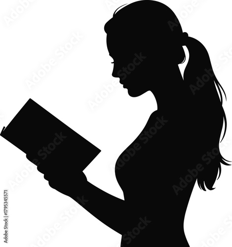 Silhouette of woman reading book, ponytail hairstyle, educational concept, black vector art, learning, concentration, flat vector illustration
