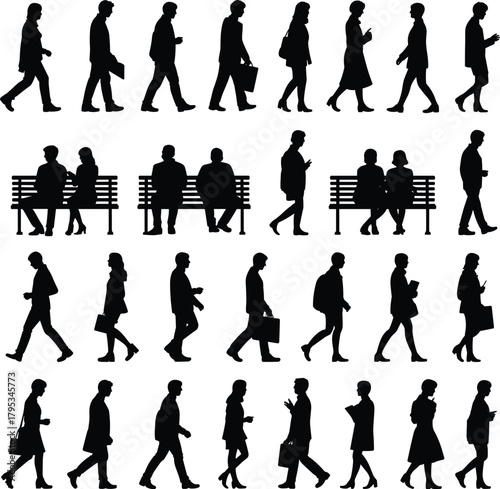 Walking people silhouette, sitting figure vector, urban lifestyle icon, public space activity, casual human pose, flat vector illustration