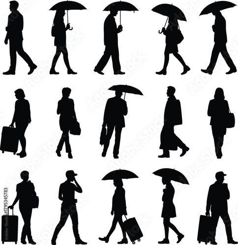 Walking people with umbrellas, rainy day silhouettes, travel motion figures, luggage carriers, urban pedestrian scene, flat vector illustration, black iconst