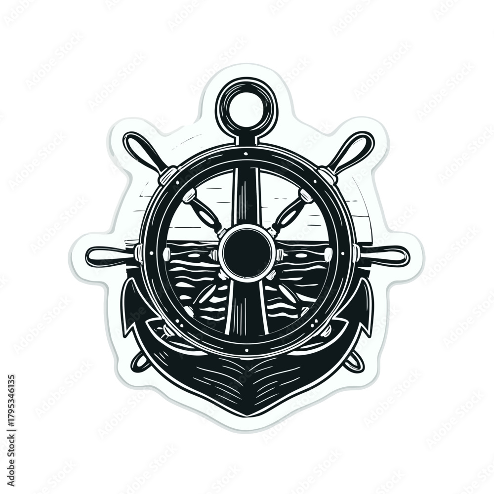 Obraz premium Nautical wheel and anchor illustration maritime navigation concept