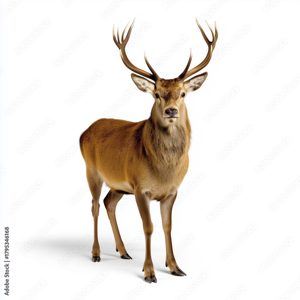 Obraz premium Stag with full antlers standing on white backdrop
