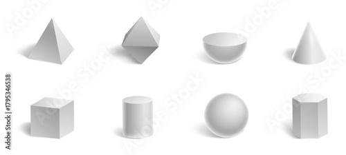 Geometric shapes assortment, flat vector illustration with 3d objects and shadows