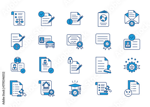 Legal document thin blue icon set. Containing agreement, contract, passport, official letter, testament, driving license, certificate, patent, id card, lease agreement. Vector illustration
